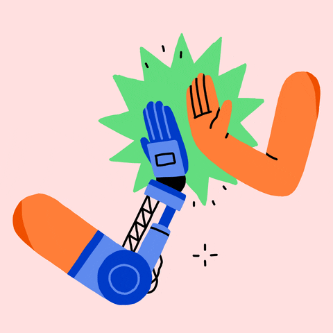 Gif com um braço robô e um braço humano fazendo um hi-five. A ilustração está em um fundo rosa